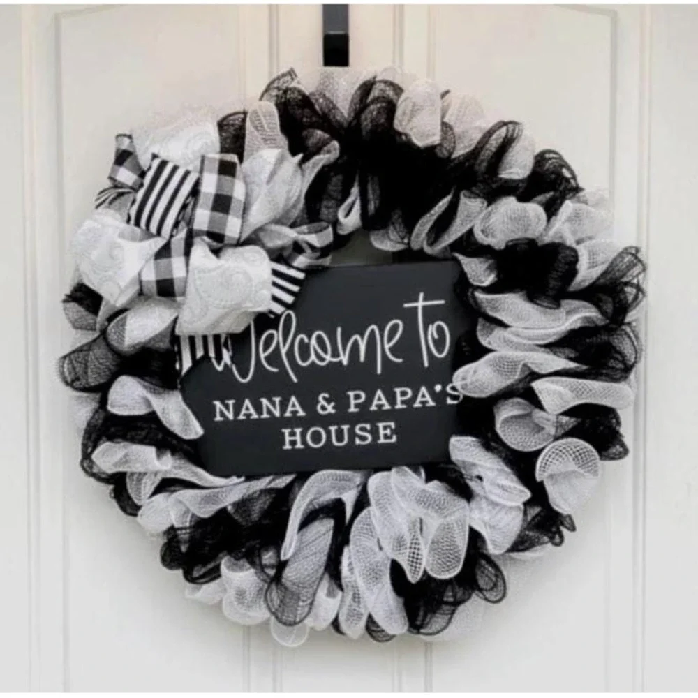 Handmade Grapevine Nana and Papa Wreath, Black & White Decor